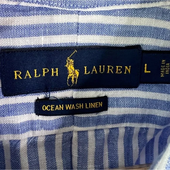 RALPH LAUREN | Ocean Wash Linen Blue and White Stripe Button Long Sleeve Large - Picture 4 of 7
